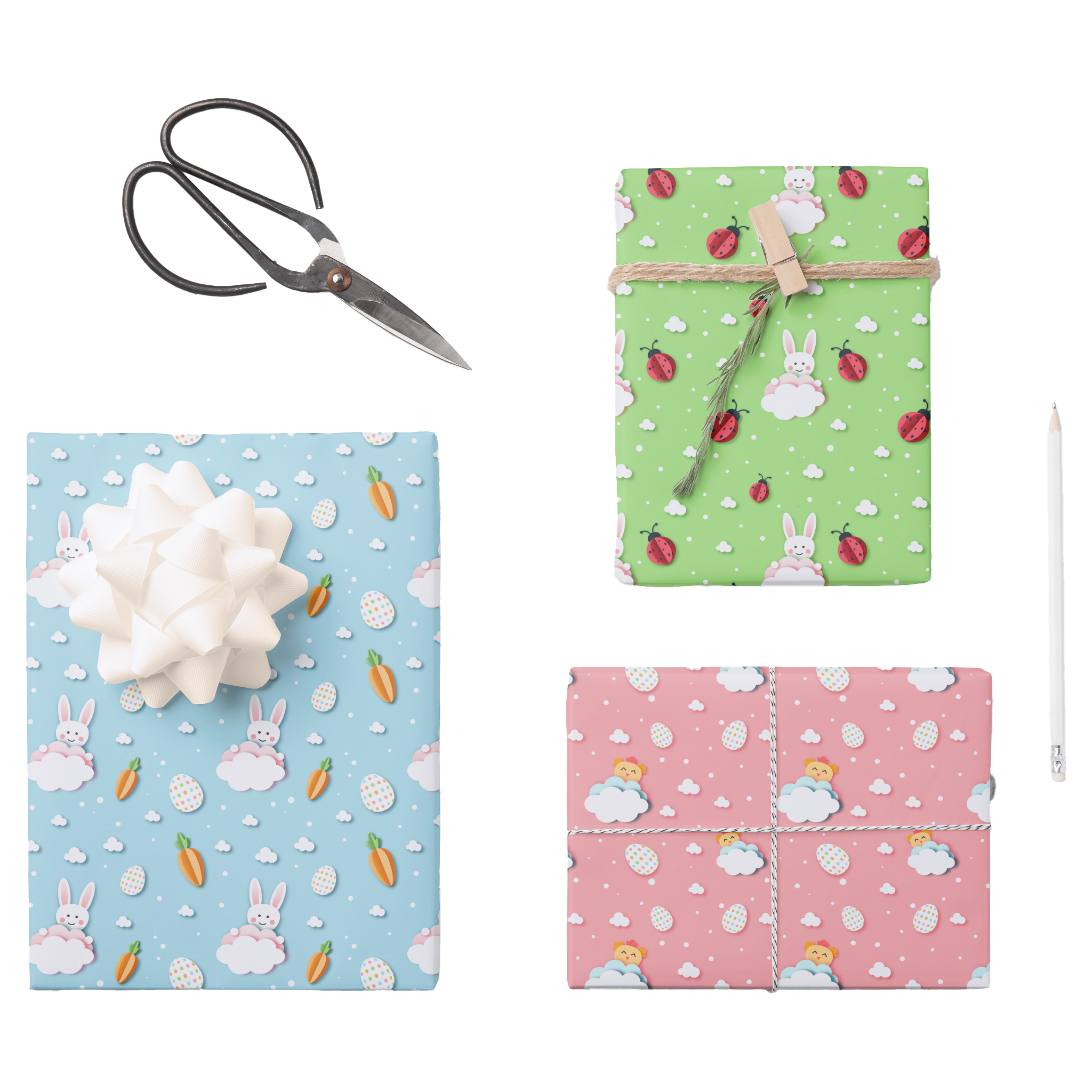 Easter Bunny, Egg, Carrot & Ladybug Wrapping Paper